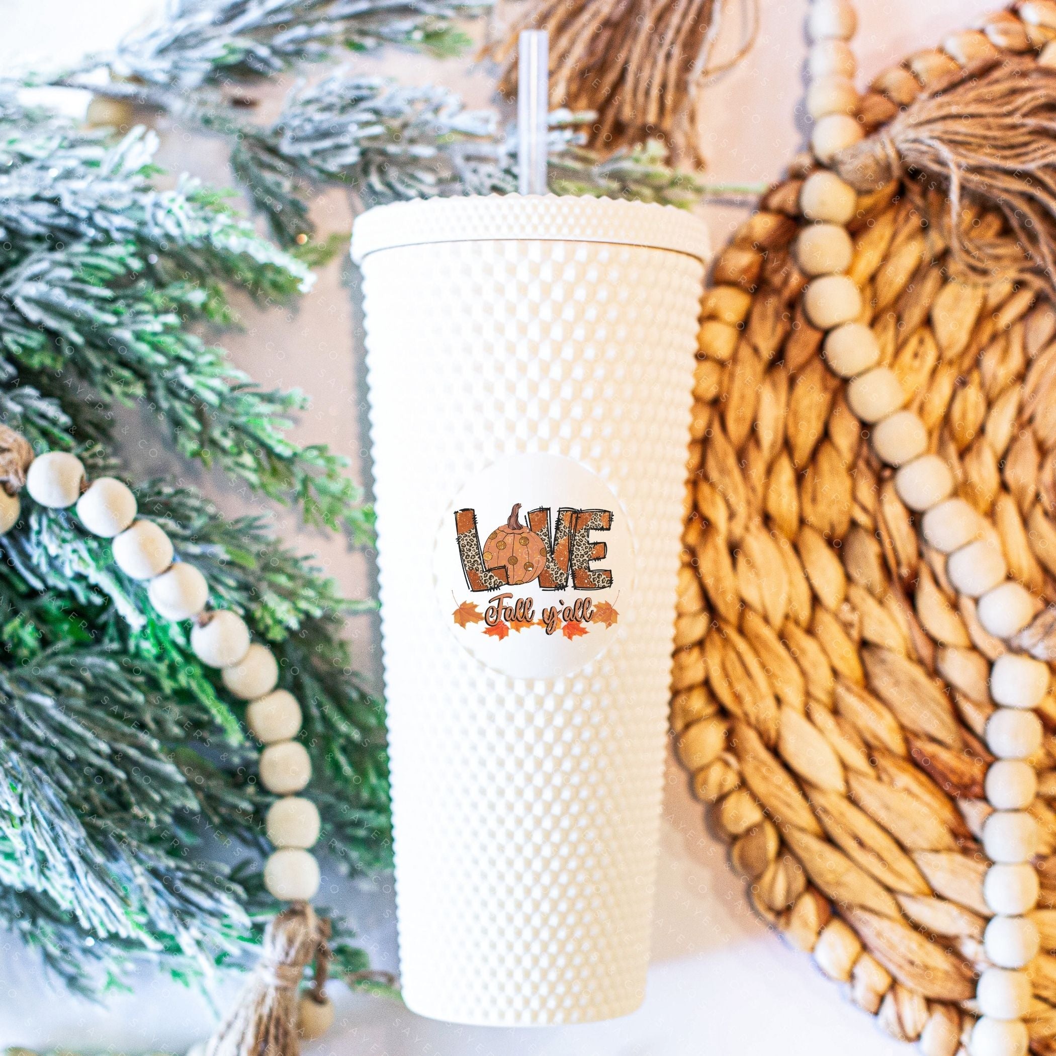 Custom Studded 24oz Double Walled Tumbler featuring 'Love Fall Yall' design with autumn-themed graphics, perfect for seasonal drinks.