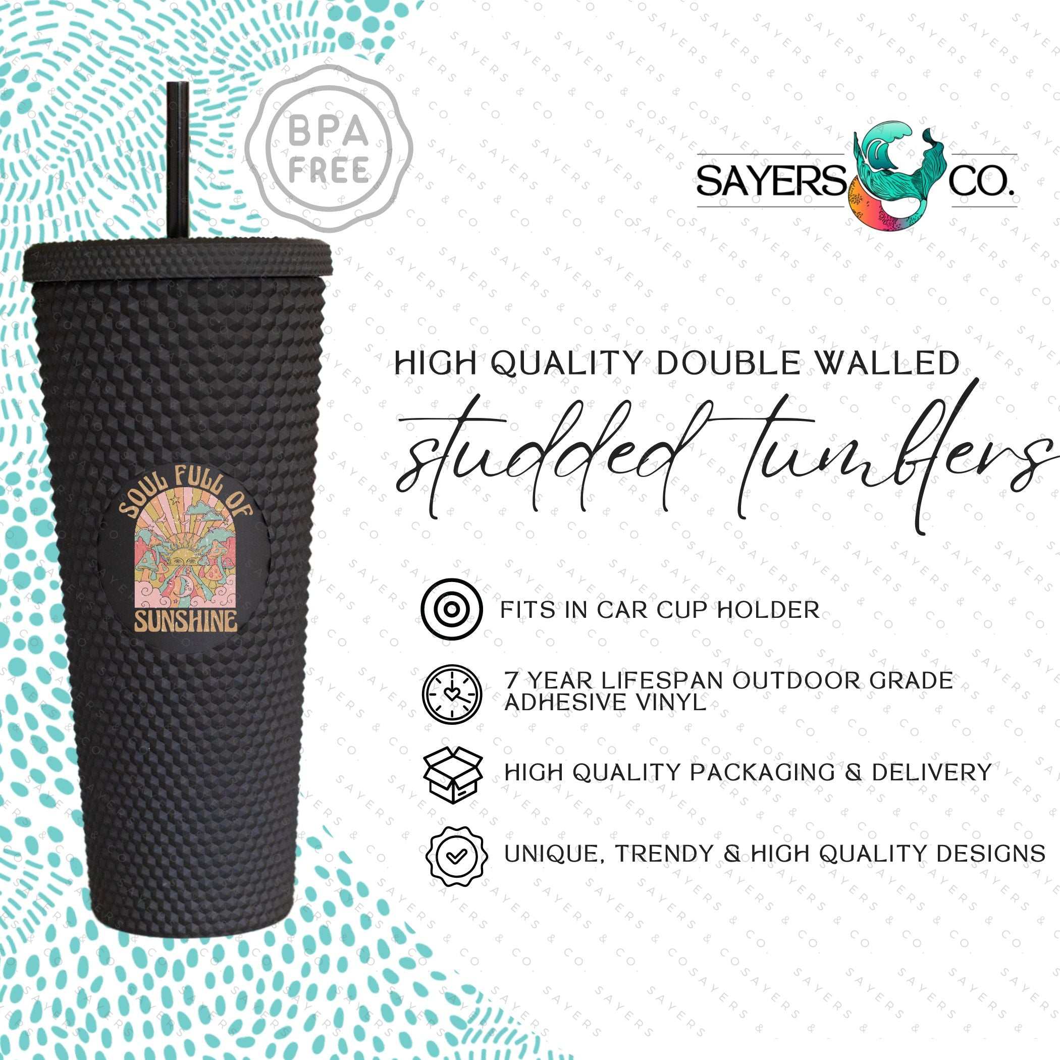 Custom studded 24oz double walled tumbler featuring a beach-themed design with seashells and waves, perfect for summer drinks.