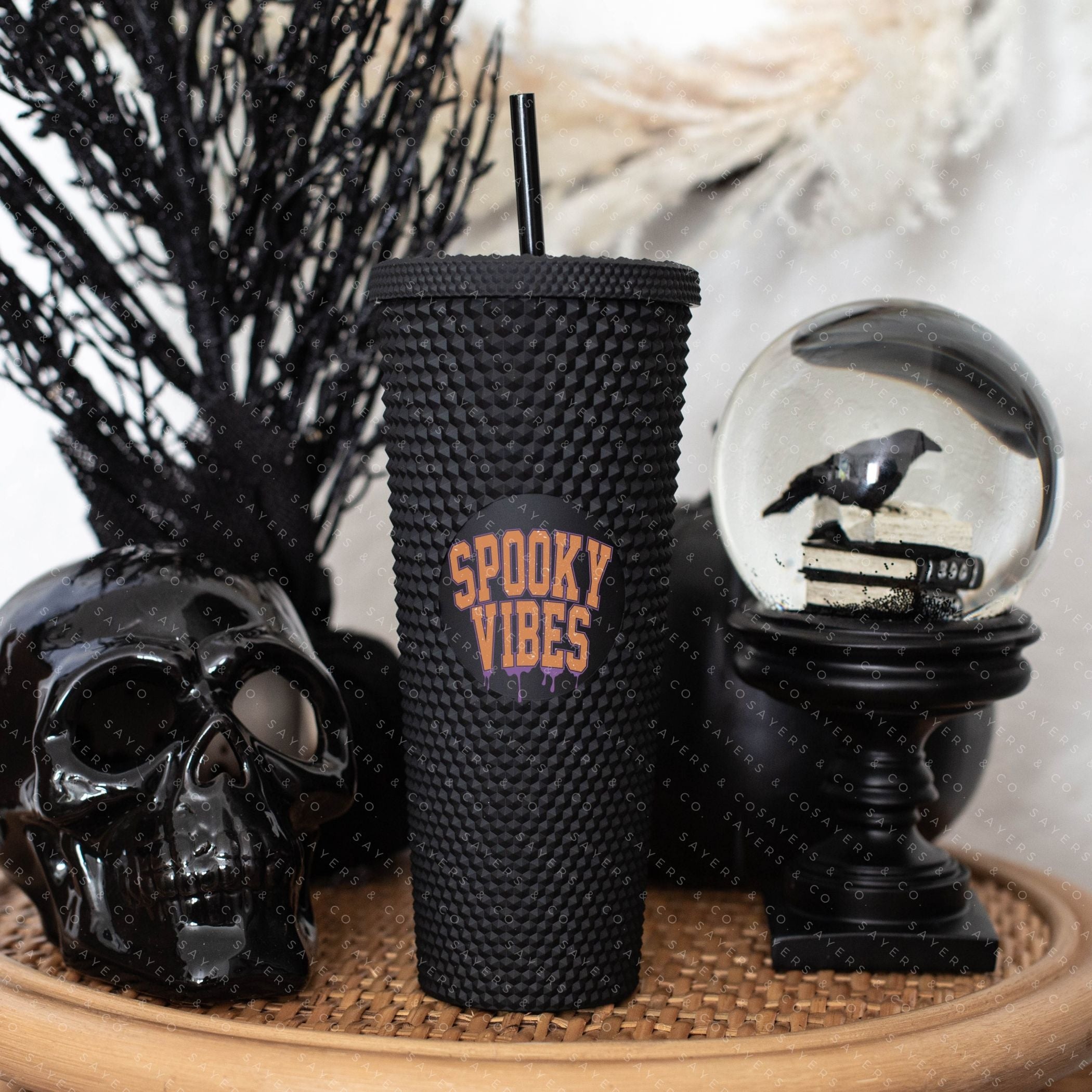 Custom Studded 24oz Double Walled Tumbler featuring 'Spooky Mama' design with Halloween graphics, perfect for seasonal drinks.