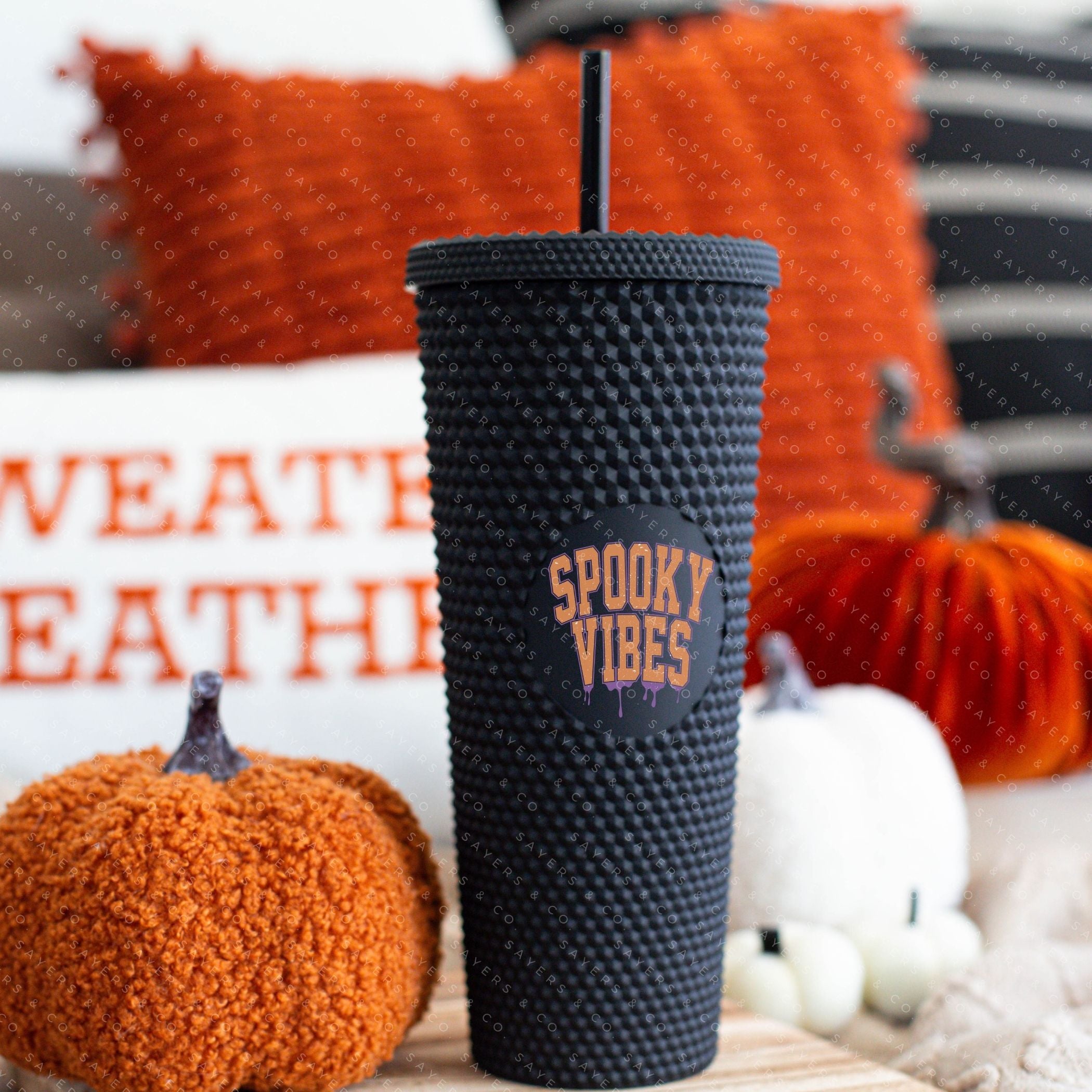 Custom Studded 24oz Double Walled Tumbler featuring 'Spooky Mama' design with Halloween graphics, perfect for seasonal drinks.