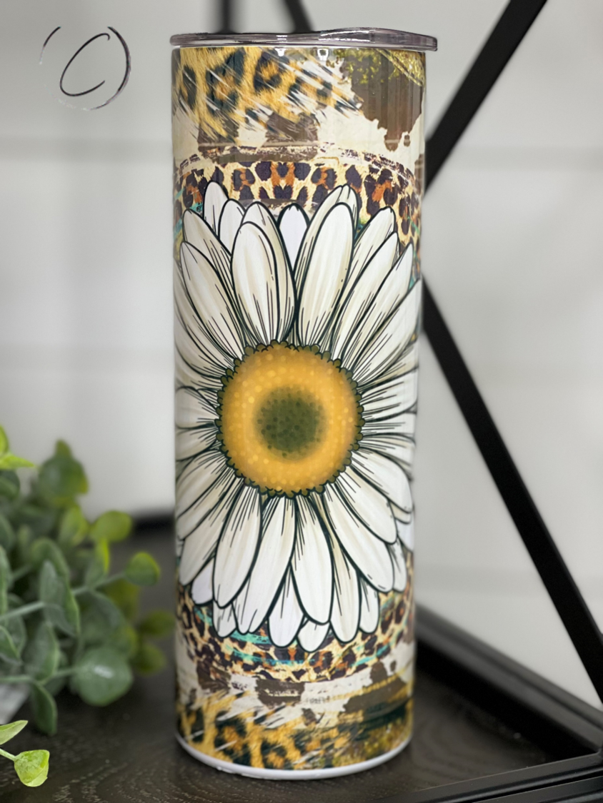 Daisy Leopard 20oz Skinny Tumbler featuring a stylish leopard print design, perfect for hot and cold beverages.
