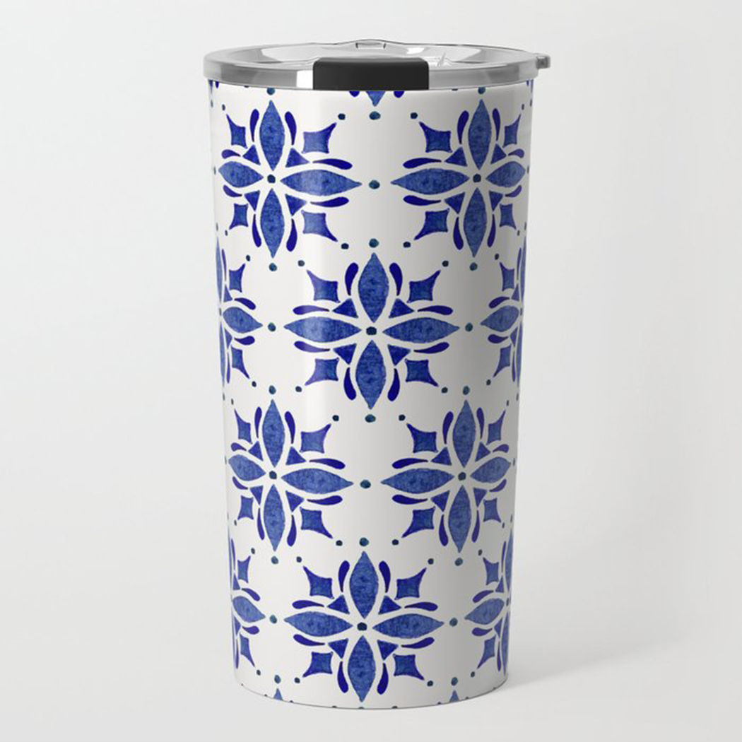 Dark Blue Tile Travel Coffee Mug with stainless steel body and vibrant tile design, perfect for hot or cold beverages.