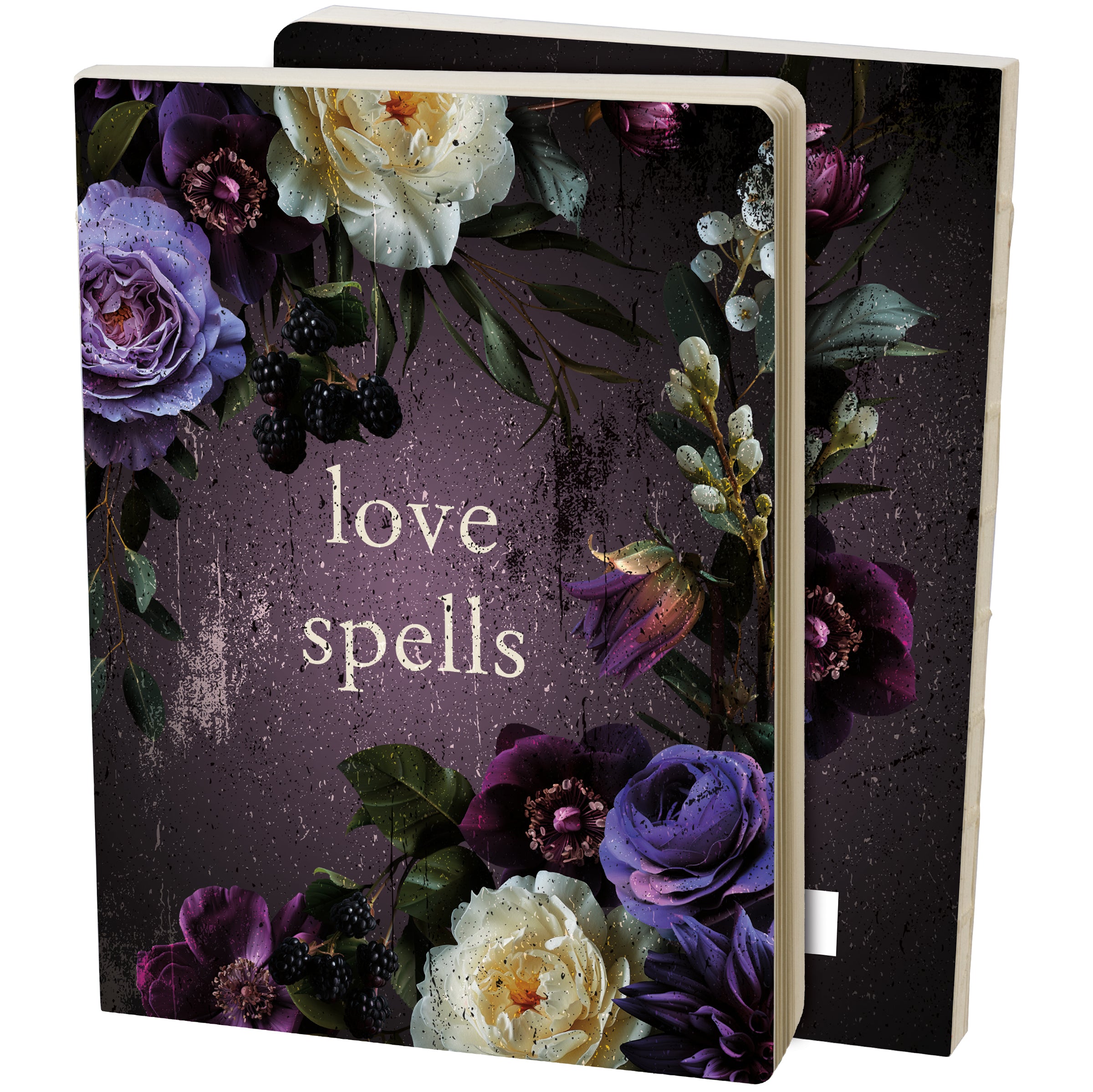 Dark Botanical Love Spells Double-Sided Journal featuring floral designs and 'Love Spells' sentiment, perfect for Halloween.