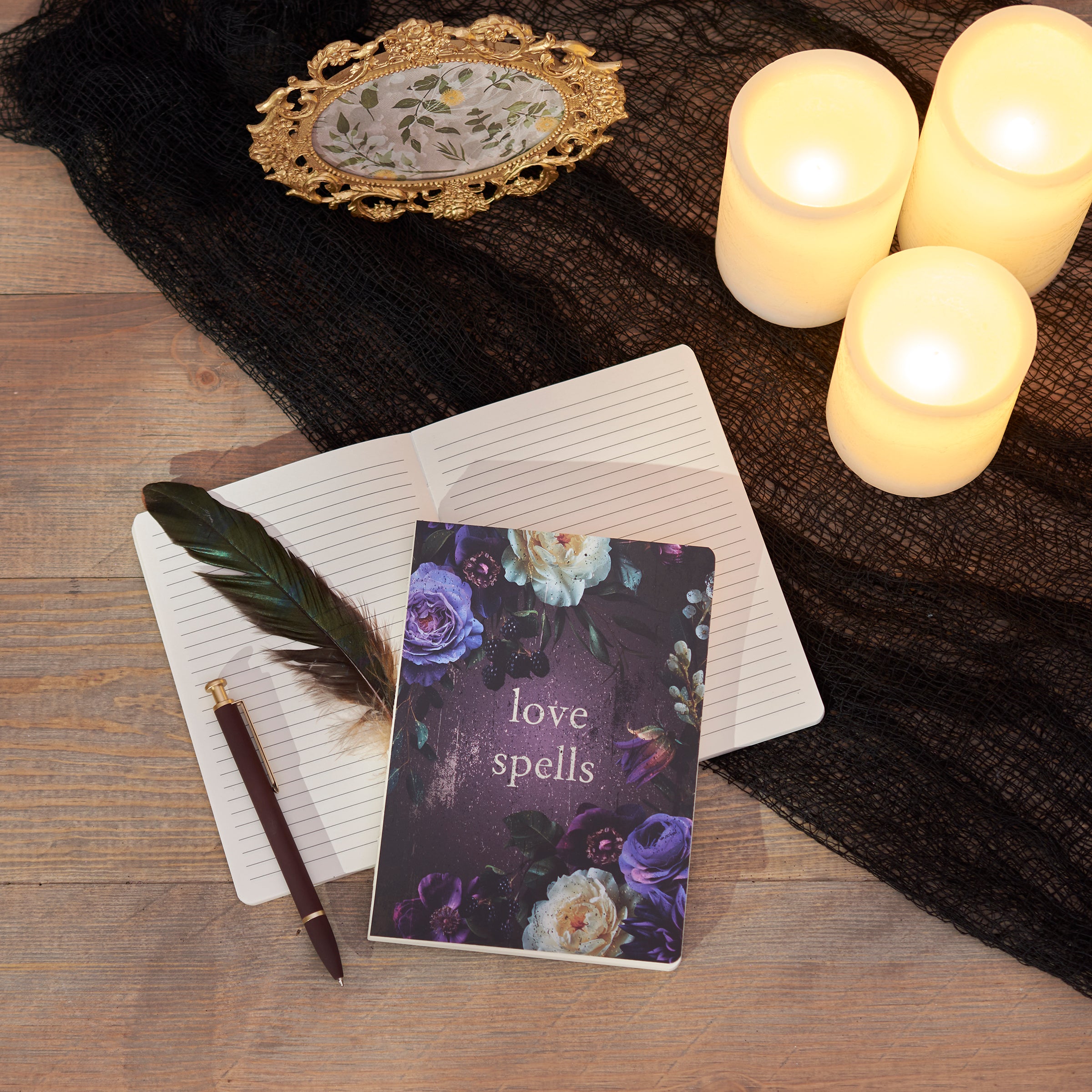 Dark Botanical Love Spells Double-Sided Journal featuring floral designs and 'Love Spells' sentiment, perfect for Halloween.