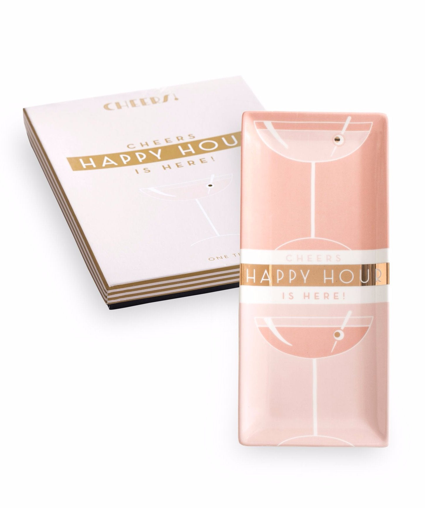 Deco Style Happy Hour Vertical Tray in a gift box, featuring elegant porcelain design with gold accents, perfect for cocktails and trinkets.