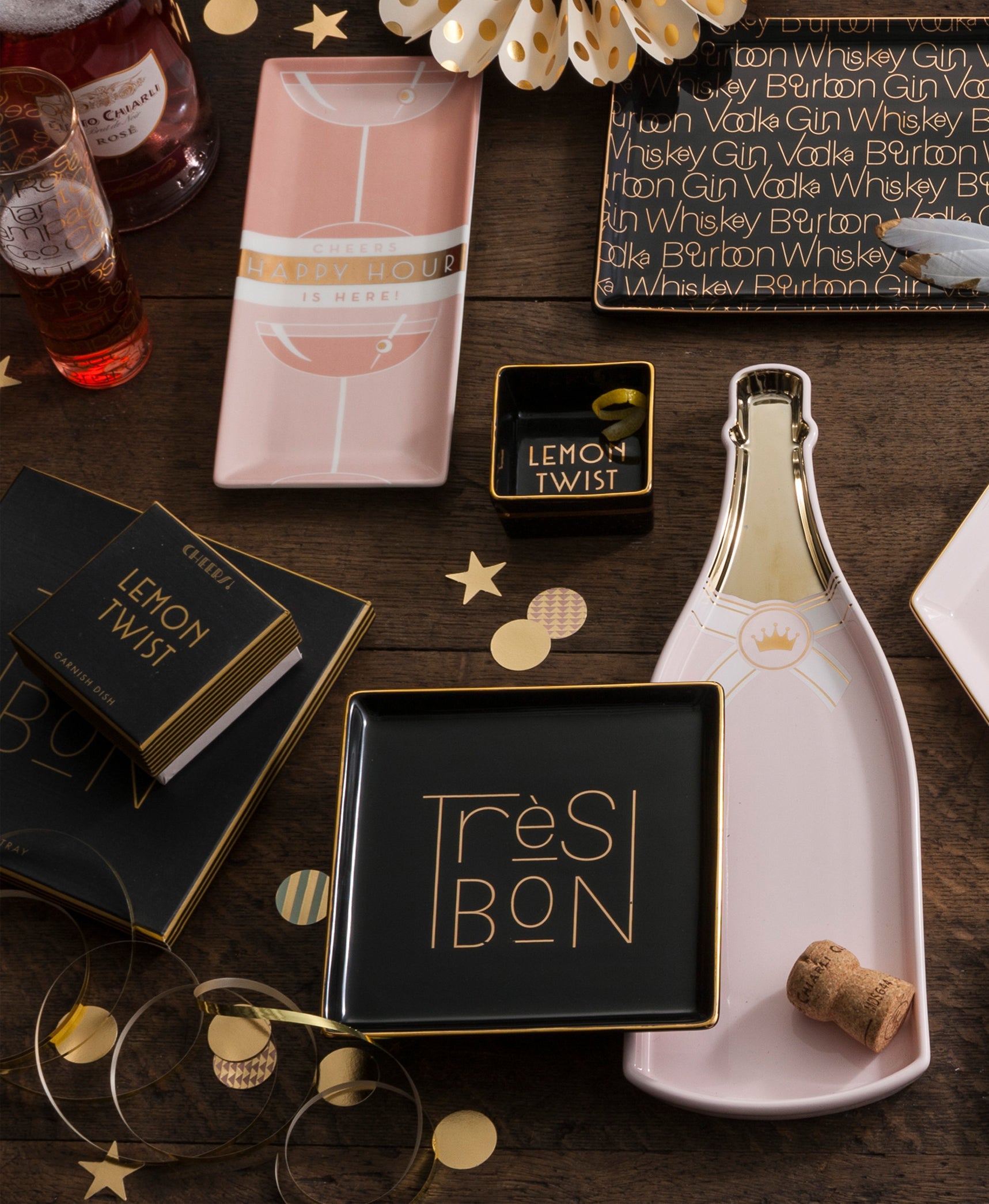 Deco Style Happy Hour Vertical Tray in a gift box, featuring elegant porcelain design with gold accents, perfect for cocktails and trinkets.