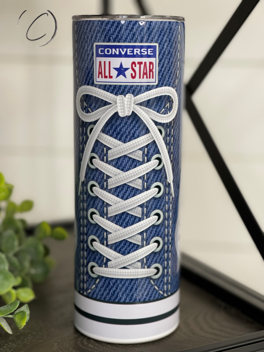 Denim Blue Converse 20oz Skinny Tumbler with a stylish full wrap design and reusable straw.