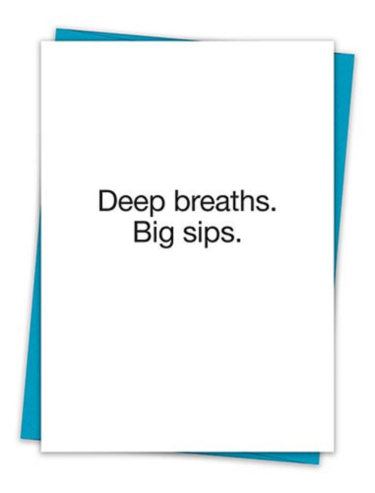 Deep Breaths Big Sips Greeting Card with teal envelope, featuring a minimalist design and eco-friendly materials.