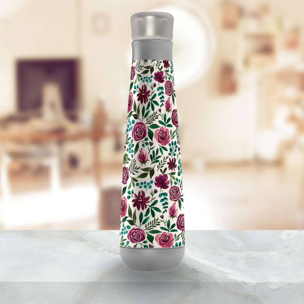 Deep Magenta Floral Eucalyptus Peristyle Water Bottle with stainless steel lid, showcasing a vibrant floral design.
