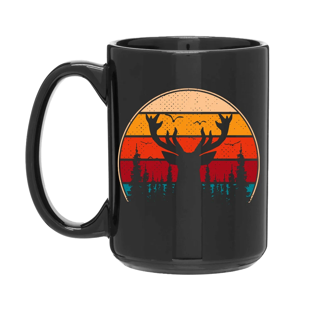 A colorful 15oz ceramic mug featuring a playful deer design, perfect for camping enthusiasts and coffee lovers.