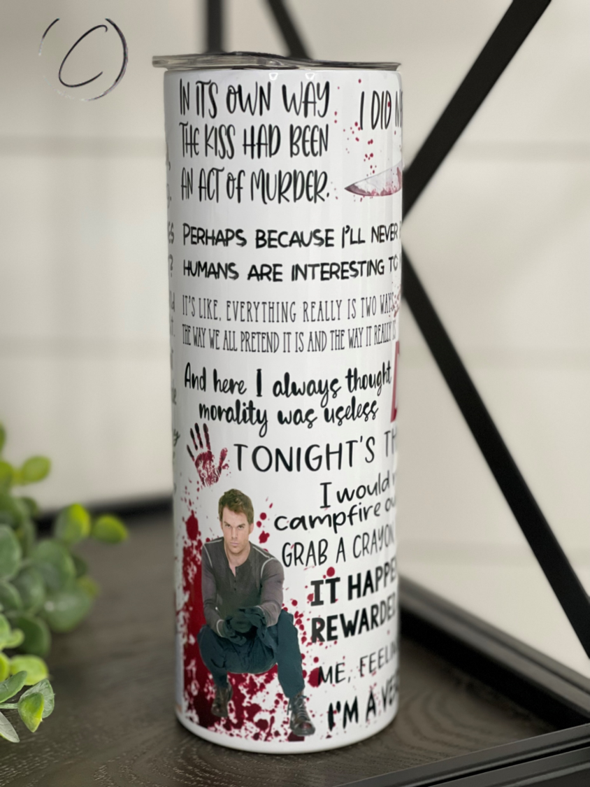 Dexter 20oz Skinny Tumbler with a sleek design and reusable straw, perfect for hot and cold beverages.