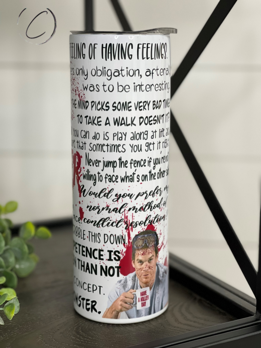 Dexter 20oz Skinny Tumbler with a sleek design and reusable straw, perfect for hot and cold beverages.