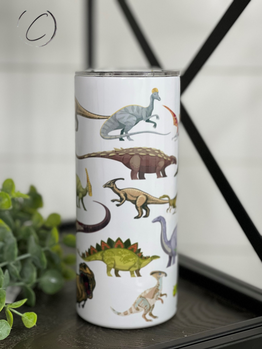 Dino's 15oz Kids Skinny Tumbler featuring a vibrant dinosaur design, perfect for children's drinks.