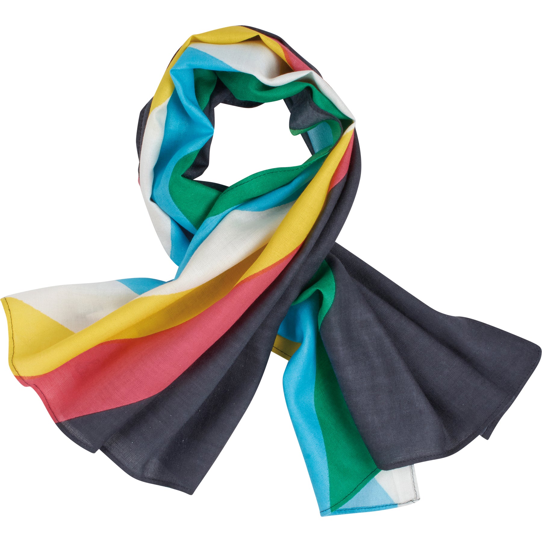 A colorful scarf featuring the Disability Pride flag colors, designed for unisex wear or display.