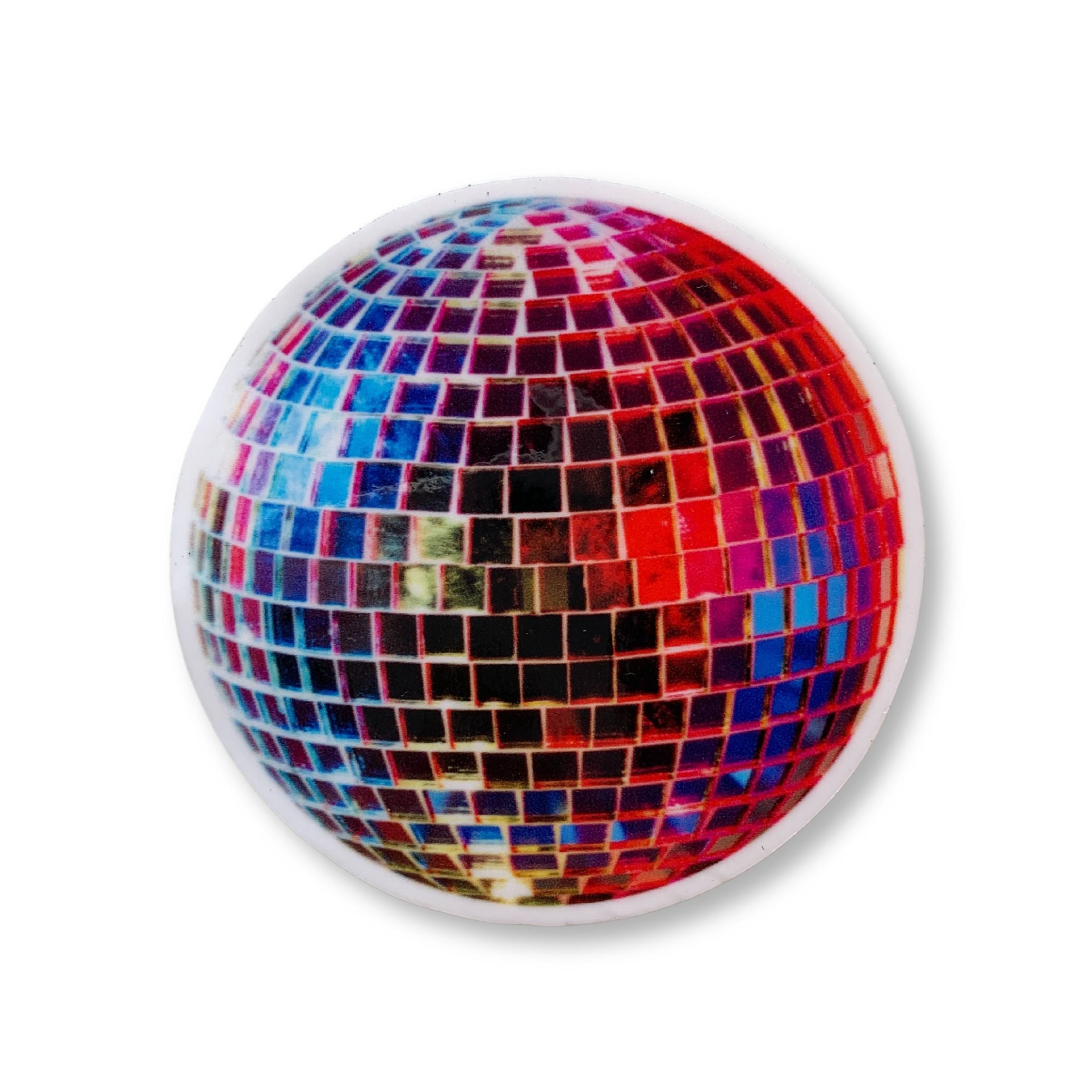 A vibrant 70's retro vinyl disco ball sticker, 2.5 inches in size, showcasing a glossy finish.