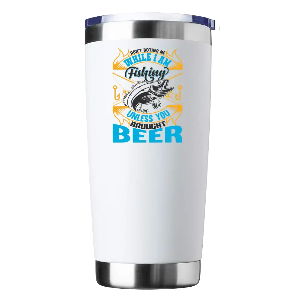 20oz insulated tumbler with fishing-themed design, showcasing stainless steel construction and splash-proof lid.