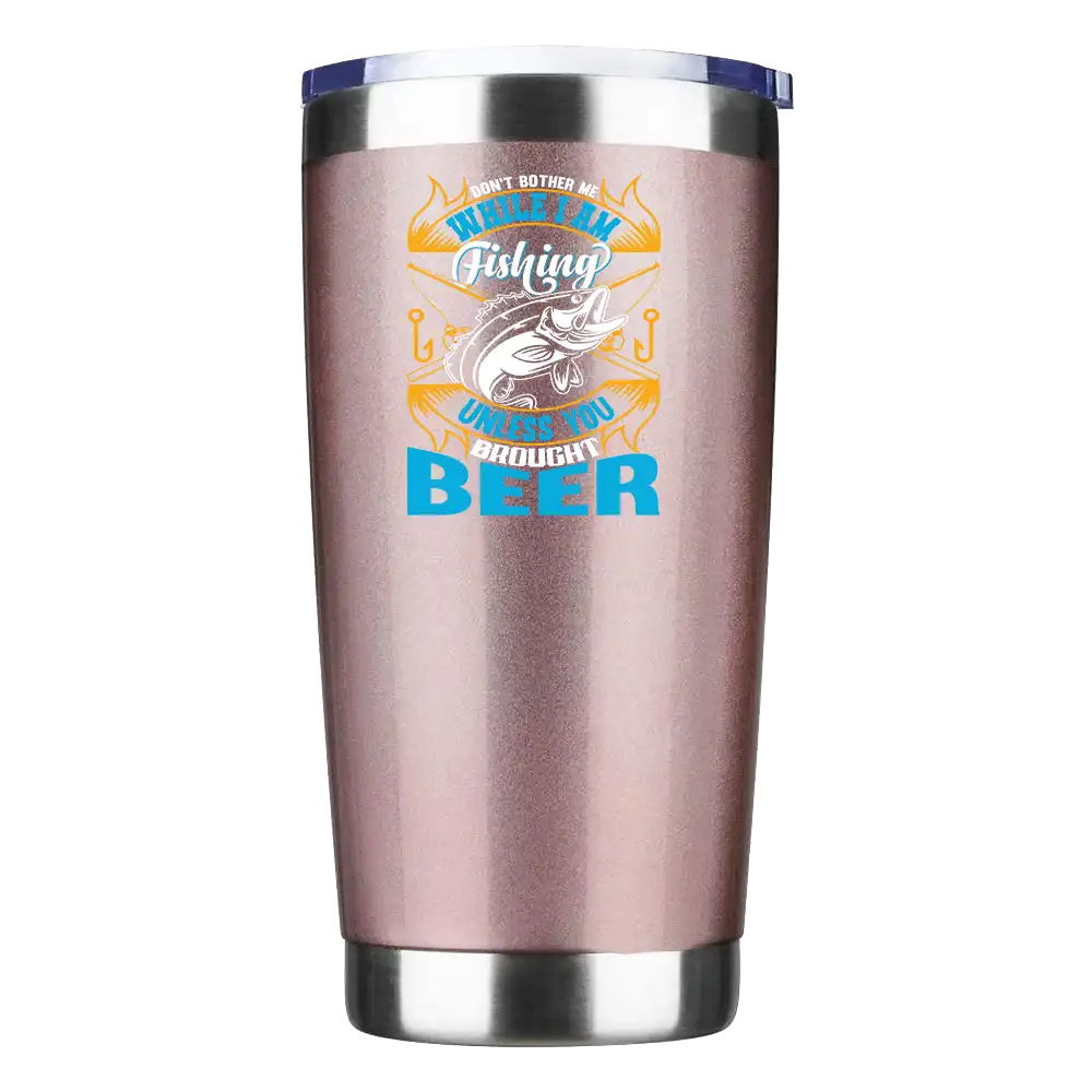 20oz insulated tumbler with fishing-themed design, showcasing stainless steel construction and splash-proof lid.