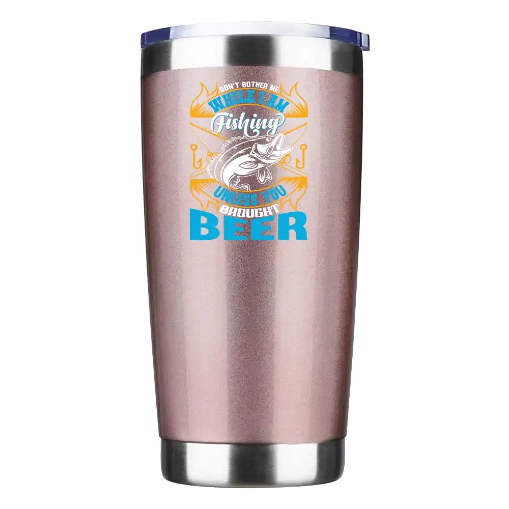 20oz insulated tumbler with fishing-themed design, showcasing stainless steel construction and splash-proof lid.
