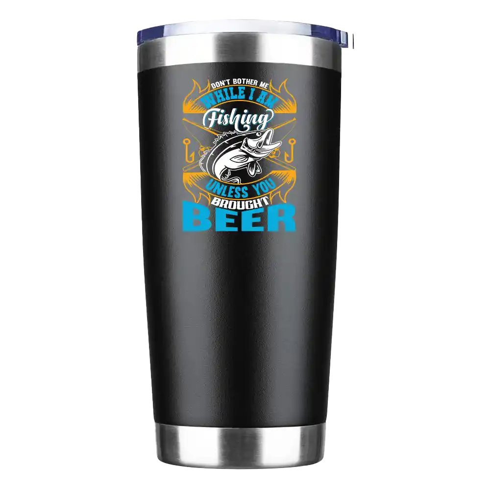 20oz insulated tumbler with fishing-themed design, showcasing stainless steel construction and splash-proof lid.