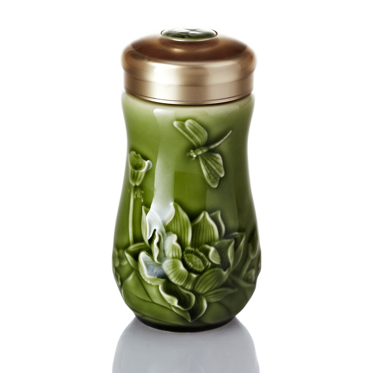A Dragonfly on Lotus Tumbler featuring a rustic bamboo design, showcasing its ceramic body and acrylic resin lid, perfect for on-the-go hydration.