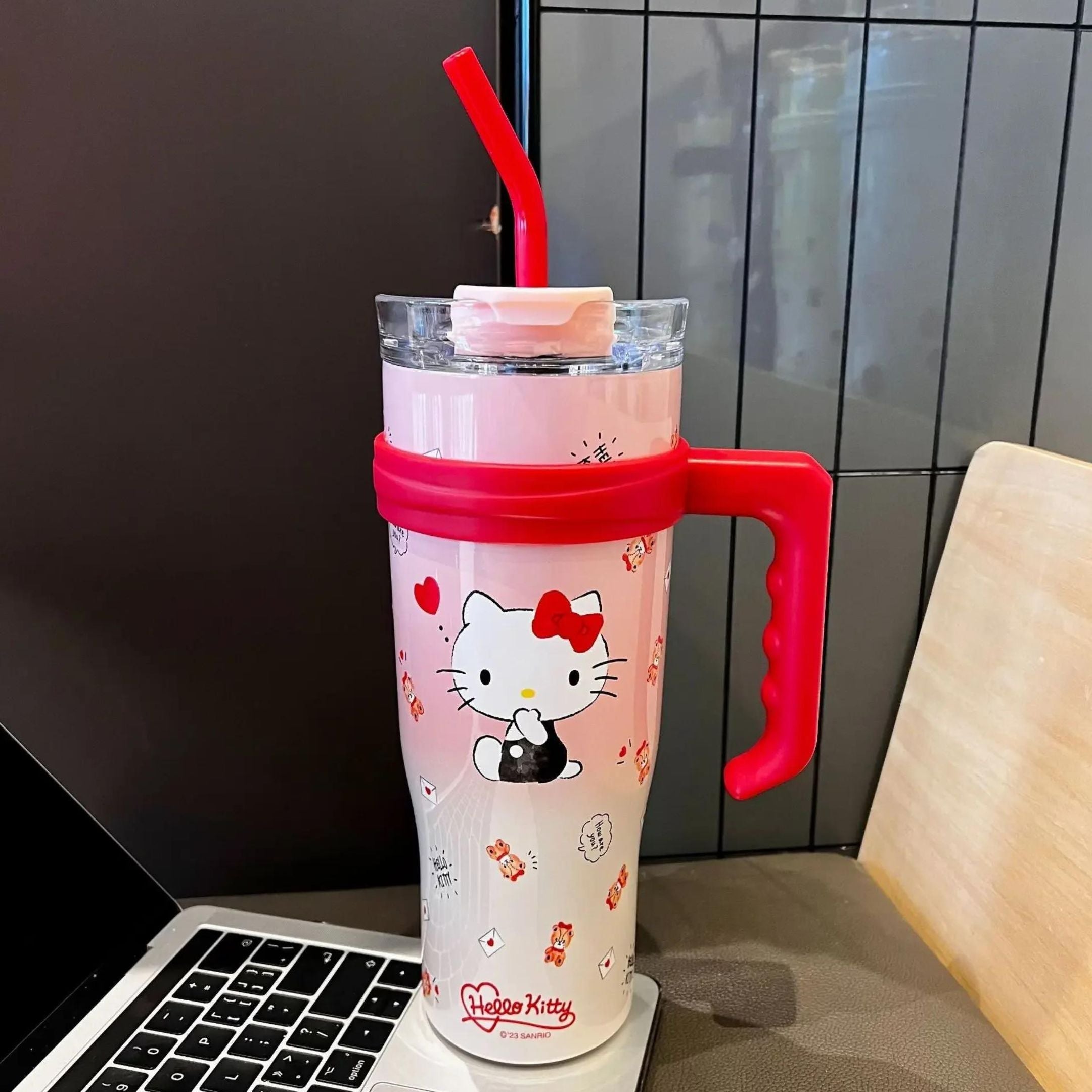 Dreamy Clouds 40 oz stainless steel insulated tumbler featuring Hello Kitty and teddy bears, perfect for hydration on the go.
