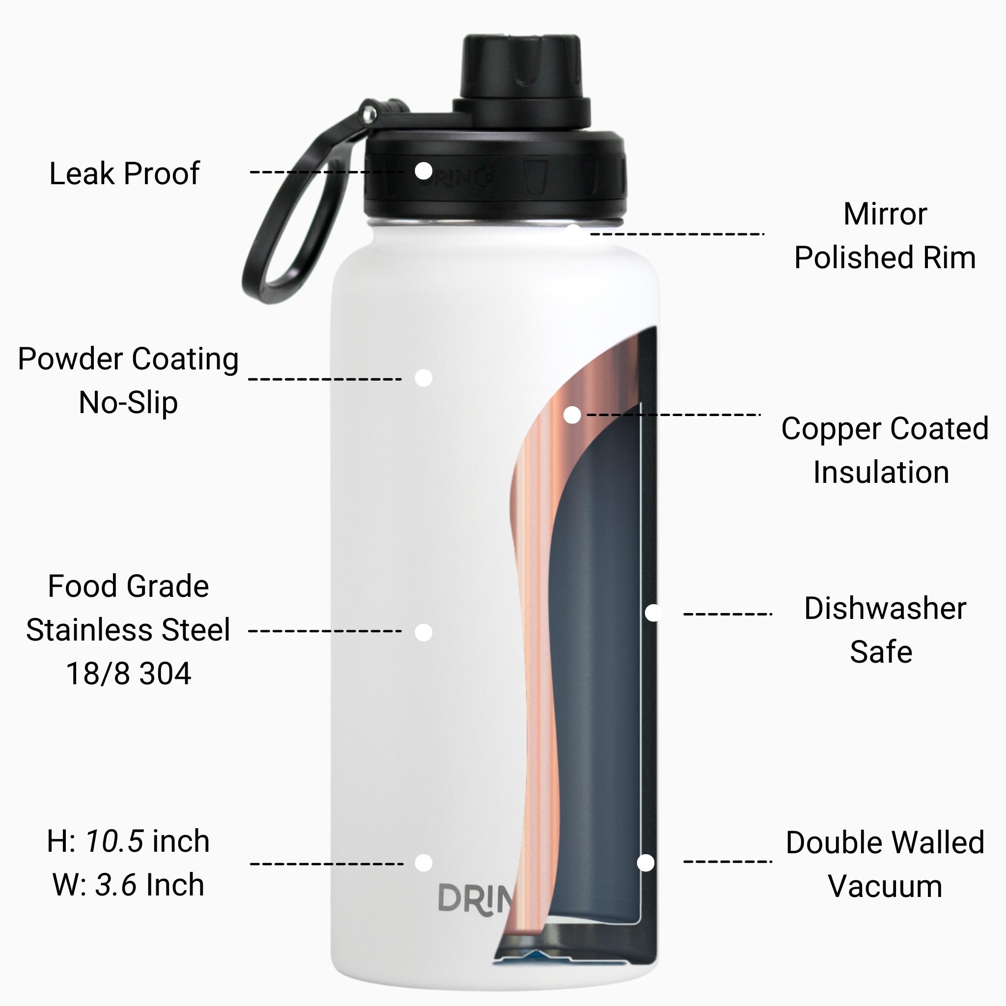 Insulated stainless steel water bottle.