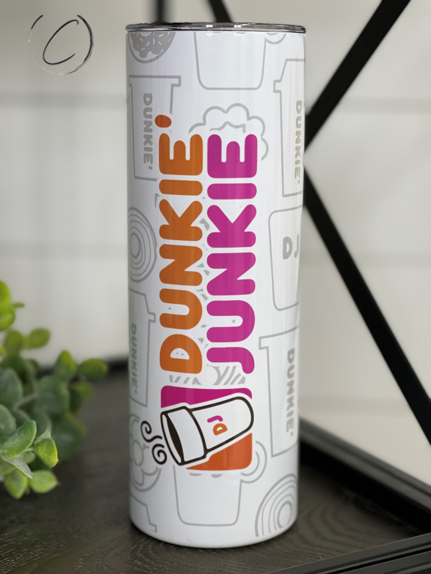Dunkie Junkie 20oz Skinny Tumbler with vibrant full wrap design and reusable straw.