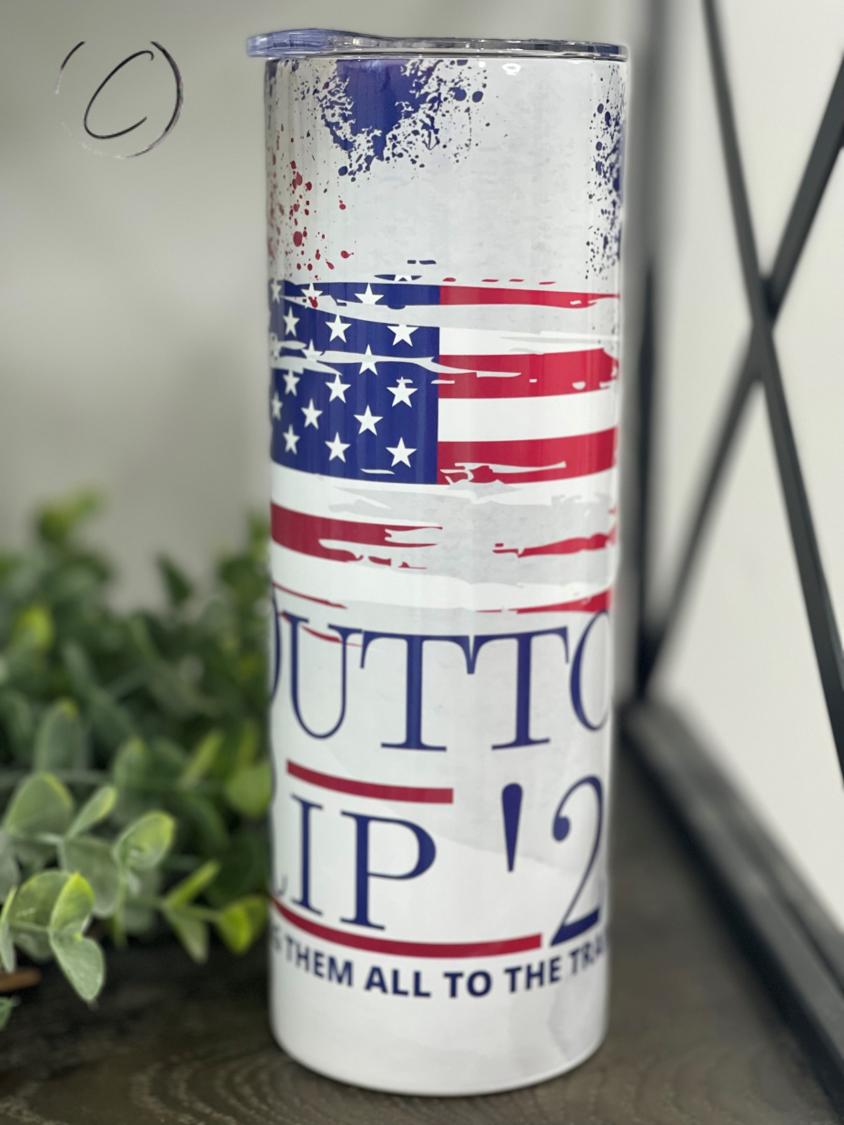 Dutton & Rip 2024 20oz Skinny Tumbler with a stylish full wrap design, perfect for hot and cold beverages.