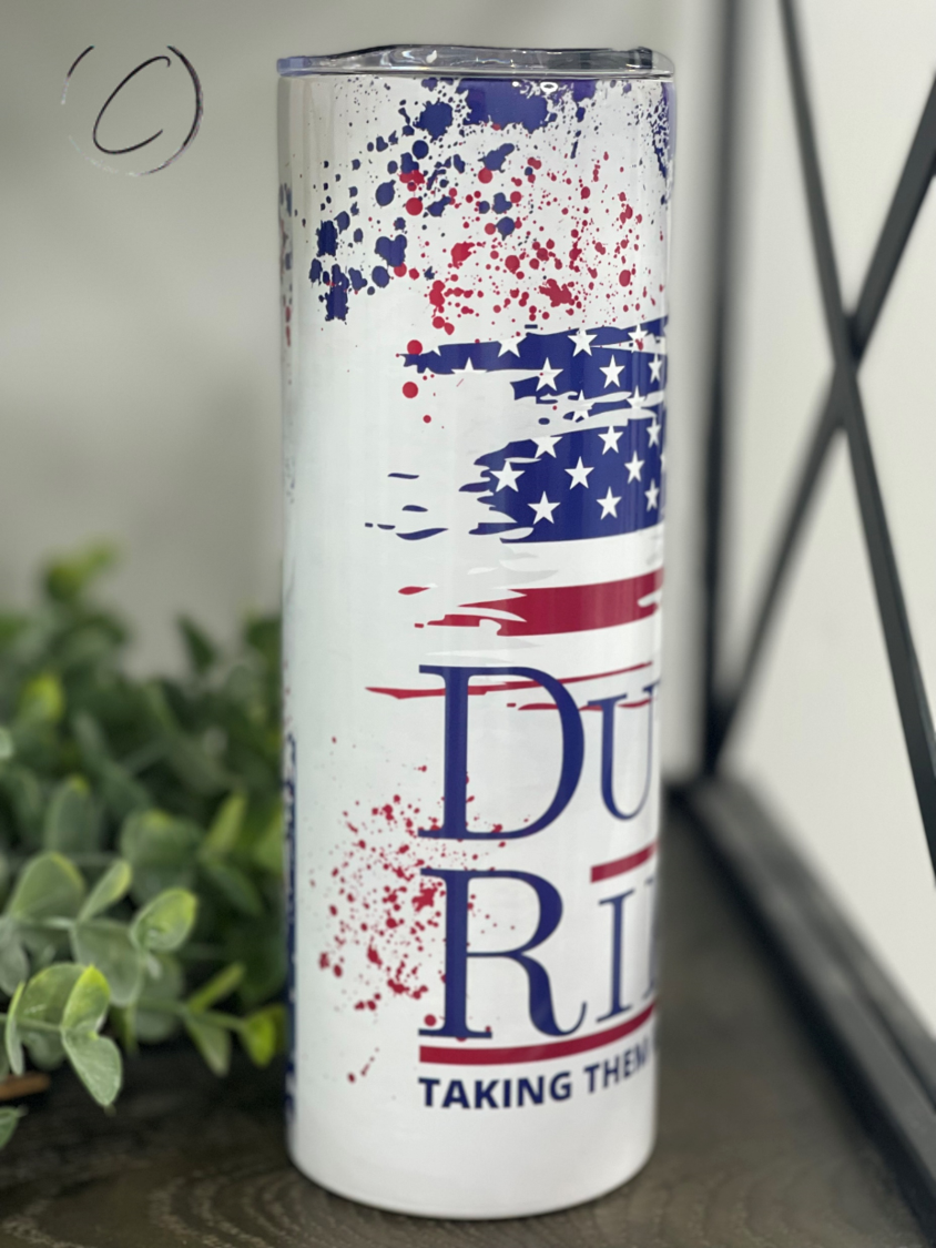 Dutton & Rip 2024 20oz Skinny Tumbler with a stylish full wrap design, perfect for hot and cold beverages.