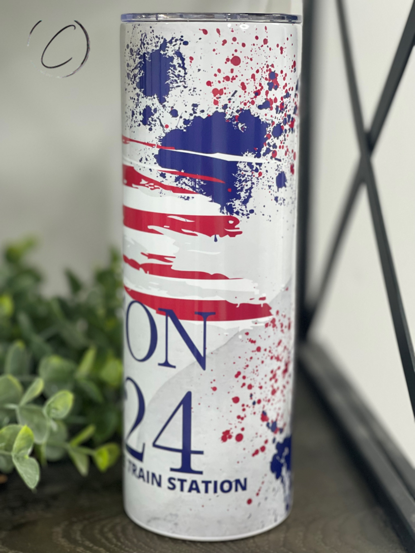 Dutton & Rip 2024 20oz Skinny Tumbler with a stylish full wrap design, perfect for hot and cold beverages.