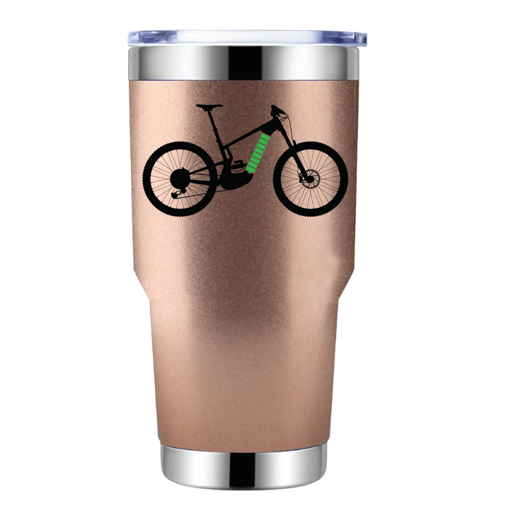 E Bike 30oz Insulated Vacuum Sealed Tumbler in vibrant colors, showcasing its stainless steel construction and bowling pin shape.