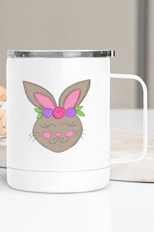 Easter Brown Bunny Floral Stainless Steel Coffee Travel Cup with vibrant design and secure lid, perfect for hot and cold beverages.
