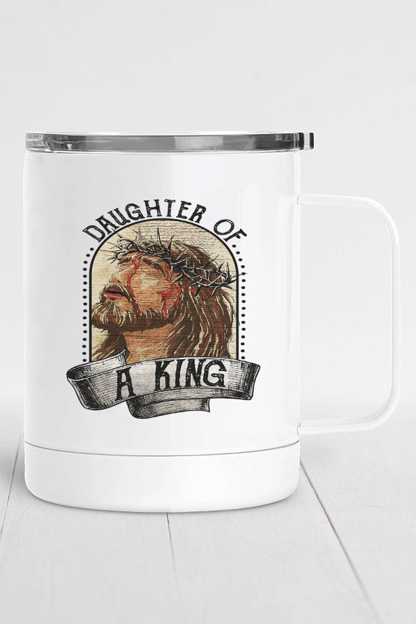 Easter Daughter of a King Stainless Steel Coffee Travel Cup with vibrant design on both sides, featuring a secure lid.