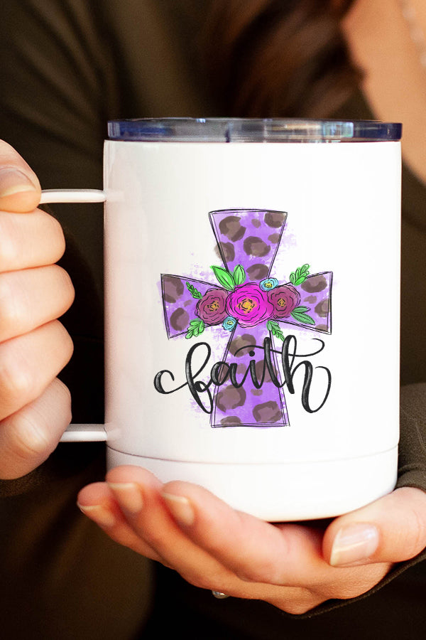 Easter Faith Purple Leopard Cross Stainless Steel Coffee Travel Cup with double wall insulation and vibrant design.