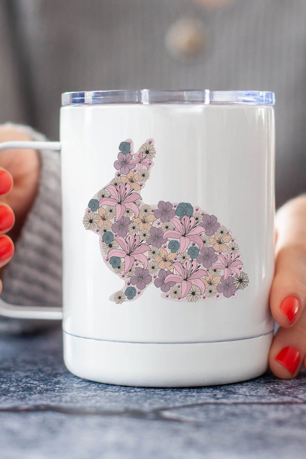 Easter Floral Bunny Stainless Steel Coffee Travel Cup with vibrant floral design and secure lid.