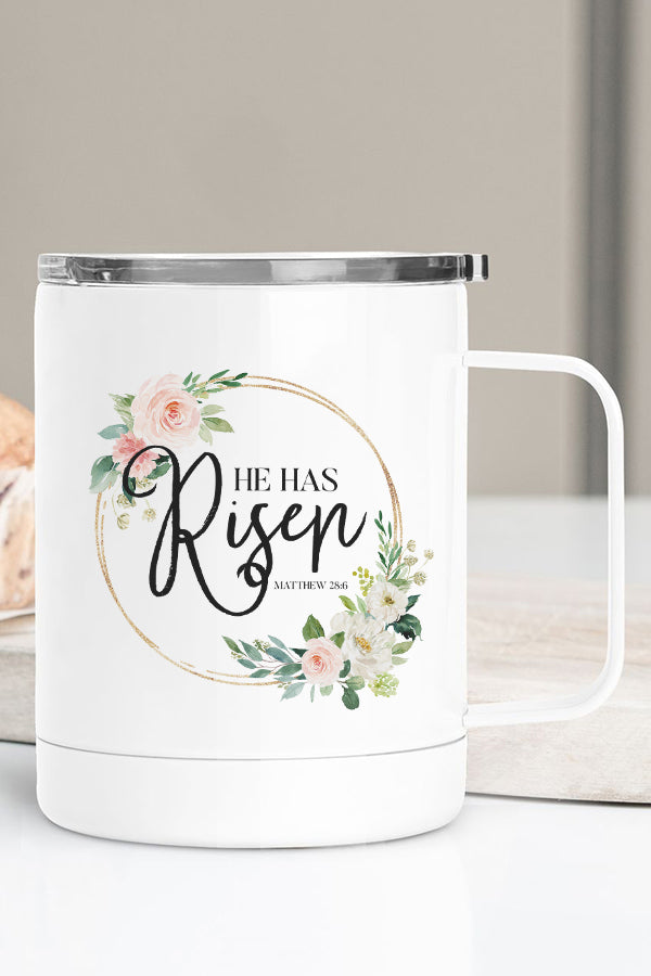 Easter He Has Risen Circle Stainless Steel Coffee Travel Cup with vibrant design and secure lid, perfect for on-the-go beverages.