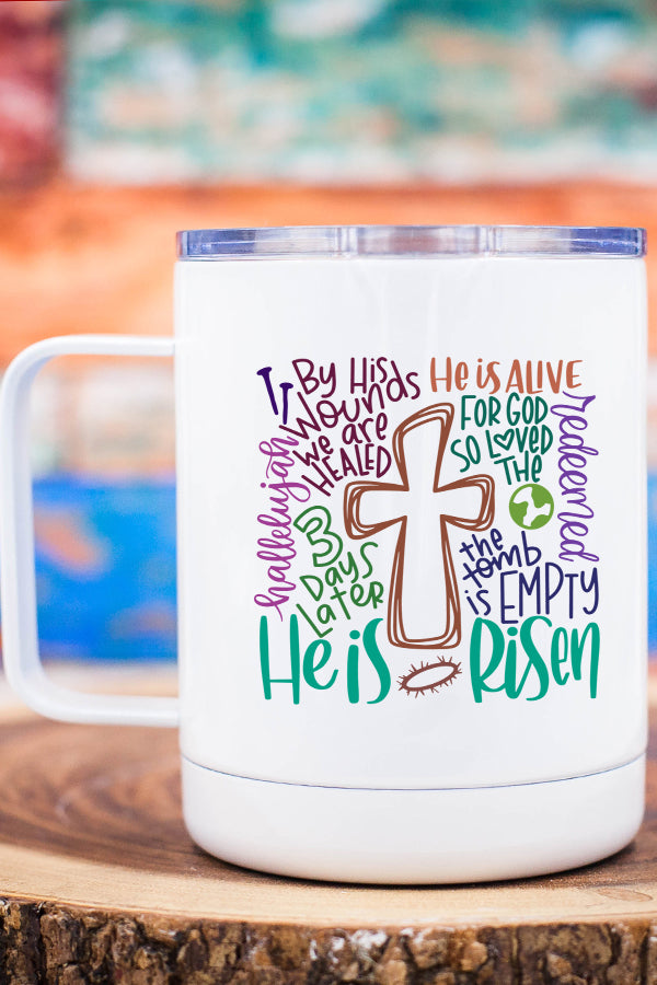 Easter He is Risen Cross Block Stainless Steel Travel Cup with lid, featuring a vibrant design on both sides.