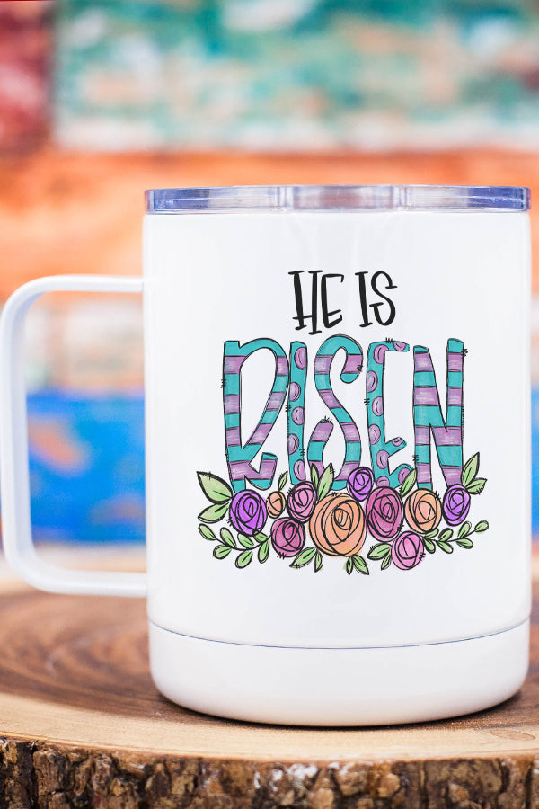 Easter He Is Risen Stripes Floral Stainless Steel Coffee Travel Cup with vibrant floral design and double wall insulation.