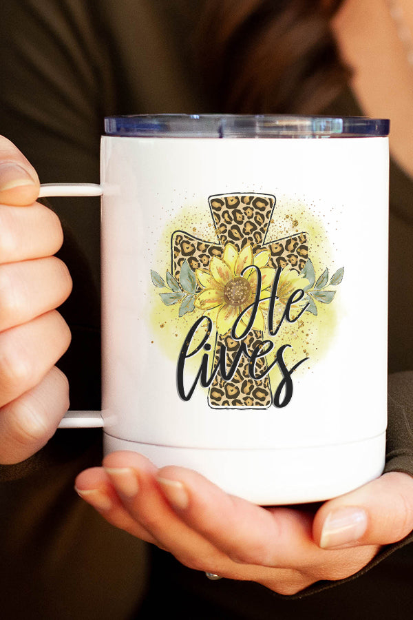 Easter He Lives Sunflower Leopard Cross Stainless Steel Coffee Travel Mug with vibrant design and secure lid.