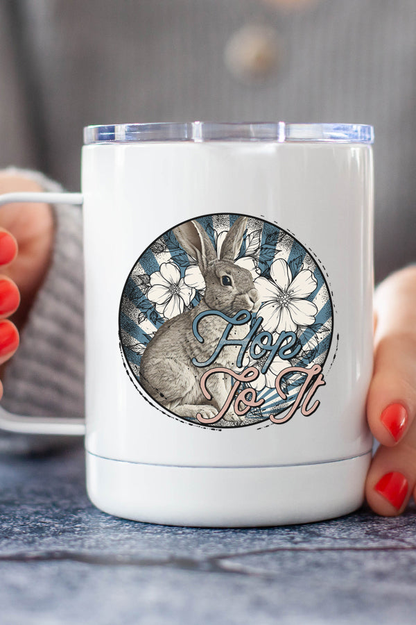 Easter Hop To It Stainless Steel Coffee Travel Cup with vibrant design and secure lid, perfect for on-the-go beverages.