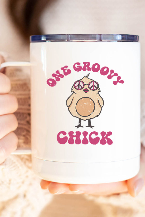 Easter One Groovy Chick Stainless Steel Coffee Travel Cup with vibrant design on both sides, featuring a secure lid.