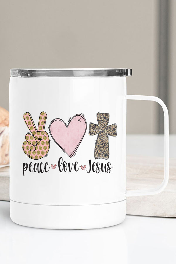 Easter Peace Love Jesus Stainless Steel Coffee Travel Cup with vibrant design, double wall insulation, and secure lid.