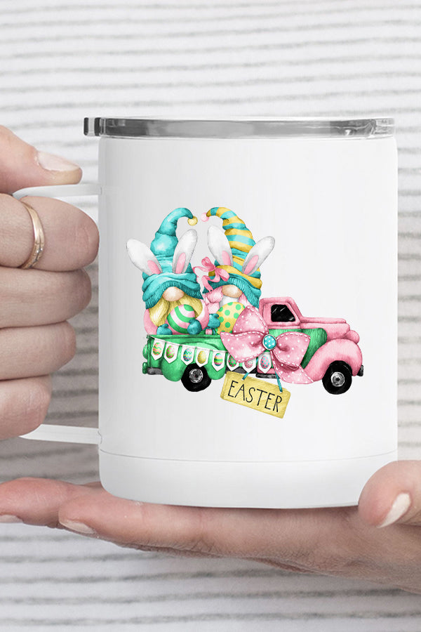 Easter Pink Green Gnome Truck Stainless Steel Coffee Travel Cup with vibrant gnome design and secure lid.