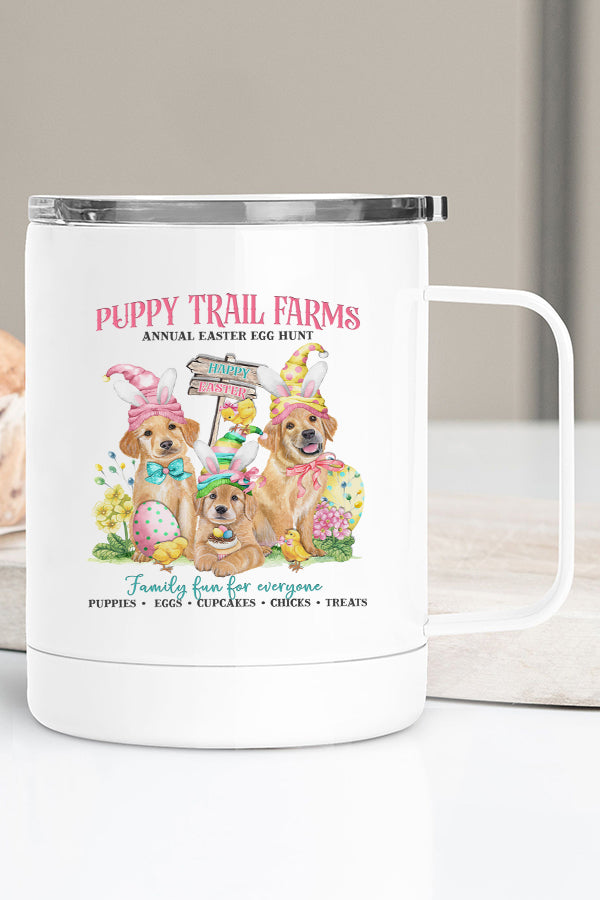 Easter Puppy Trail Farms Dogs Stainless Steel Coffee Travel Cup with vibrant dog designs on both sides, featuring a secure lid.