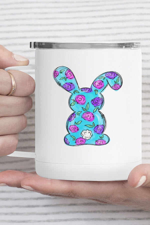 Easter-themed stainless steel travel mug featuring a purple, pink, and blue bunny design, perfect for coffee and tea on the go.