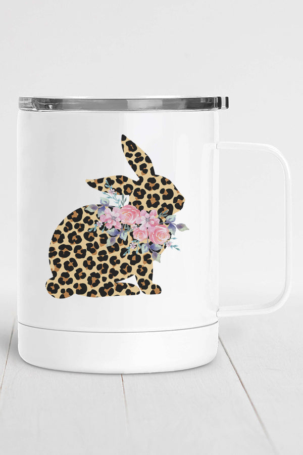 Easter Side Leopard Bunny Floral Stainless Steel Coffee Travel Cup with vibrant design and secure lid.
