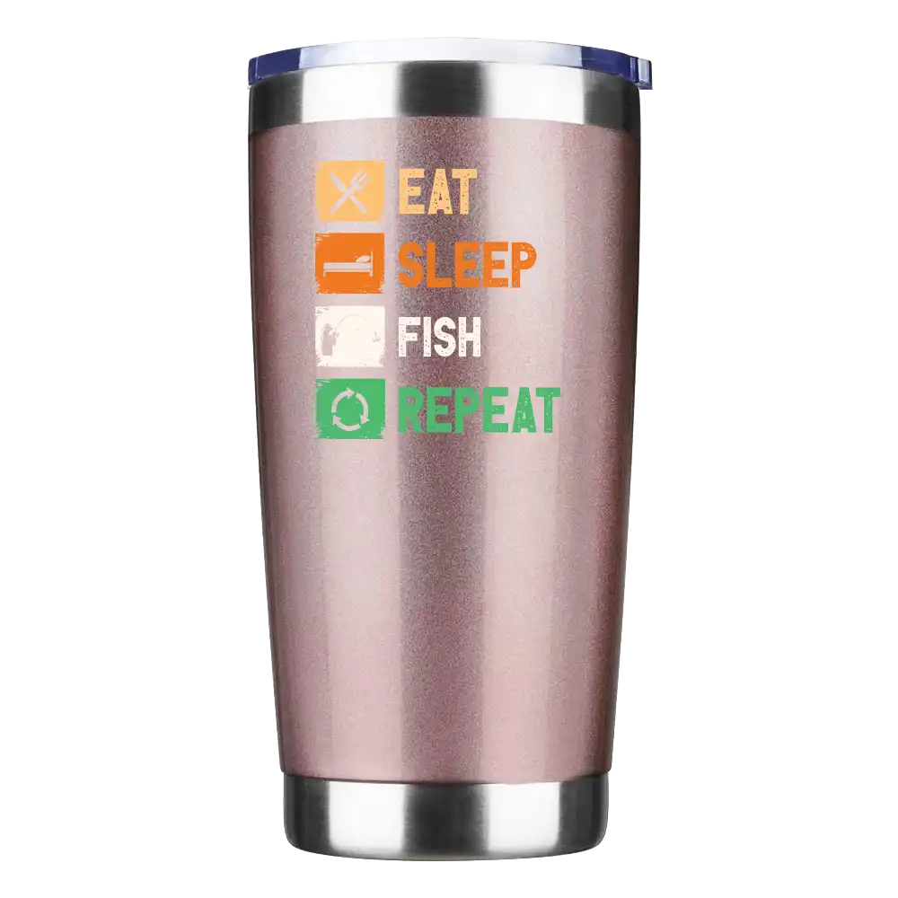 20oz insulated tumbler with Eat Sleep Fishing Repeat design, featuring stainless steel construction and a splash-proof lid.