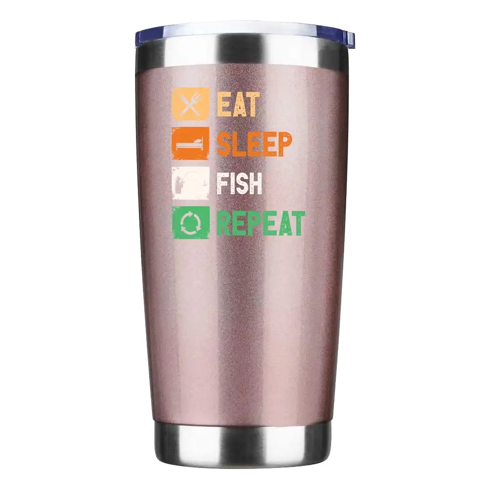 20oz insulated tumbler with Eat Sleep Fishing Repeat design, featuring stainless steel construction and a splash-proof lid.