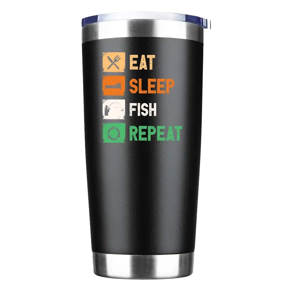 20oz insulated tumbler with Eat Sleep Fishing Repeat design, featuring stainless steel construction and a splash-proof lid.