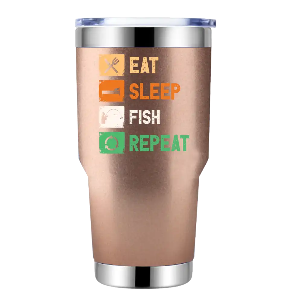 30oz insulated tumbler featuring a fishing theme with the phrase 'Eat Sleep Fishing Repeat', designed for hot and cold beverages.